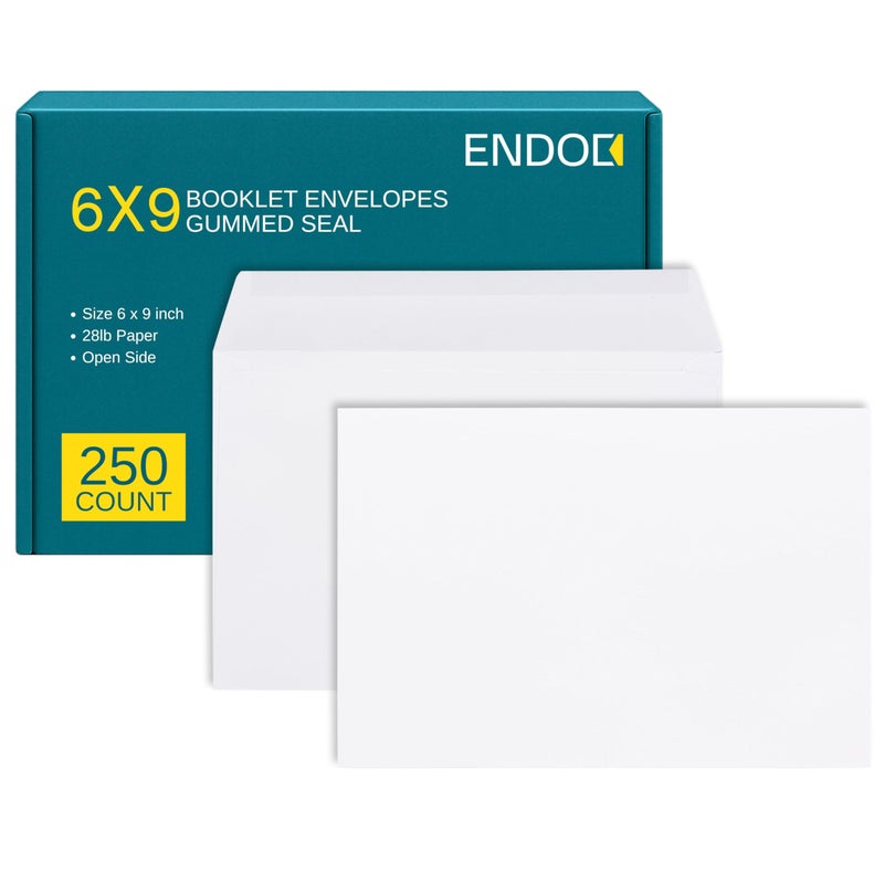 EnDoc 6x9 Booklet Envelopes - 250 pack - Mailing Envelopes with Gummed Seal - White Letter Envelopes Open-Side 6x9 Envelopes - 28 lb Heavy Duty Paper Plain Envelopes for Catalogs, Business, Booklets - Image 1